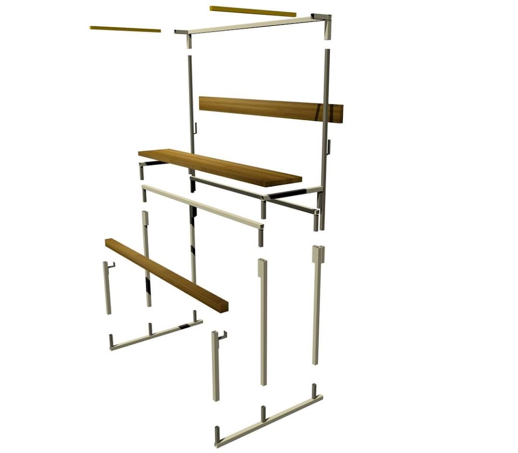 3D exploded-view model of a portable tent-sauna frame