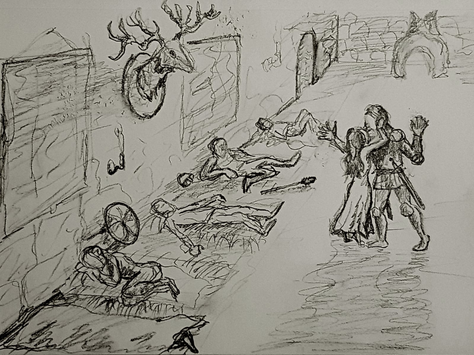 Pencil drawing of an aftermath-of-battle scene: a warrior reunited with a woman, fallen enemies across the floor, a mounted stag head on the wall