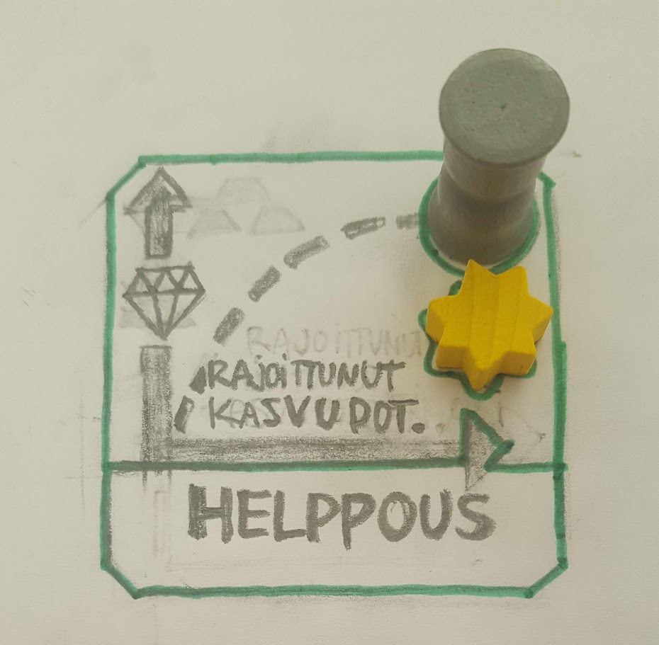 A hand-sketched board-game mechanism design with physical prototype pieces